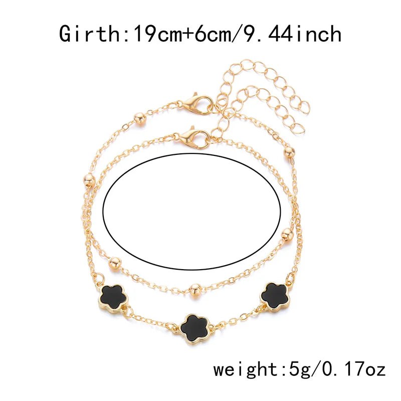 2PCS Lucky 5-Leaf Clover Anklet Set with Flower Charm