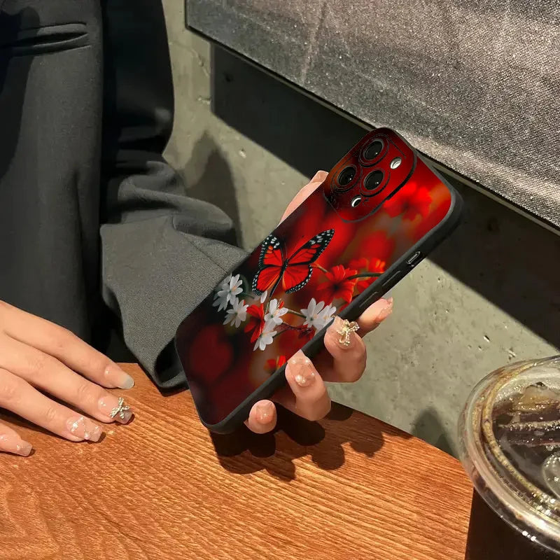 For iPhone 14 13 15 16 Pro Max Case Red Butterfly Flower Phone Case for iPhone 11 12 Mini Pro X XS XR 7 8 14 15 Plus SE2 Cover