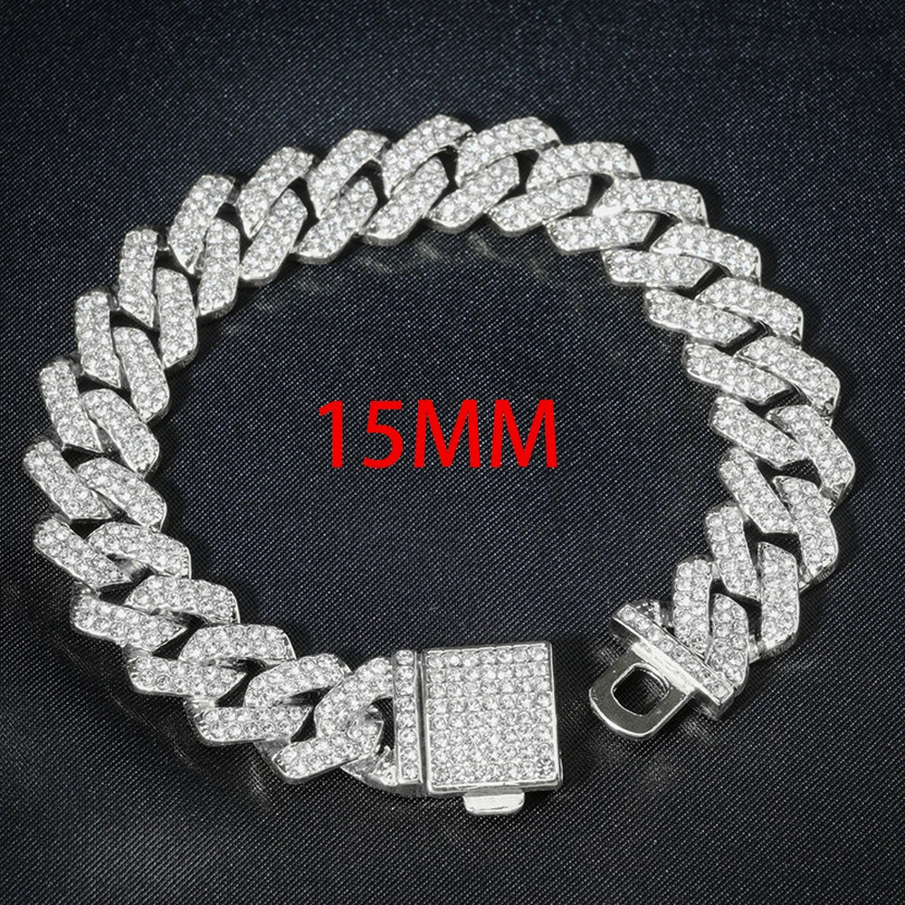 “15mm Silver Cuban Link Rhinestone Bracelet”