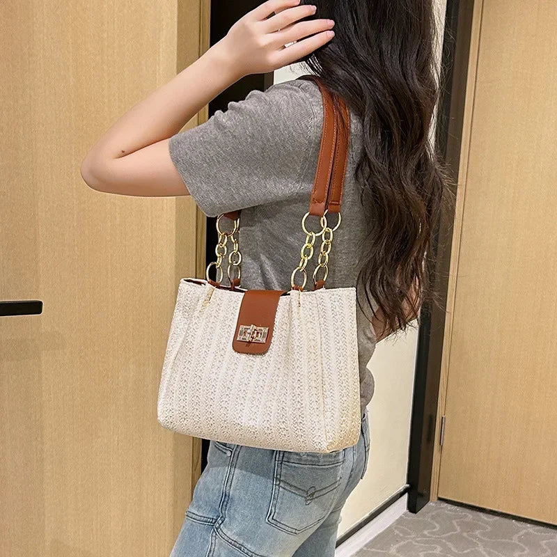 Chic Straw Woven Tote with Chain Leather Strap