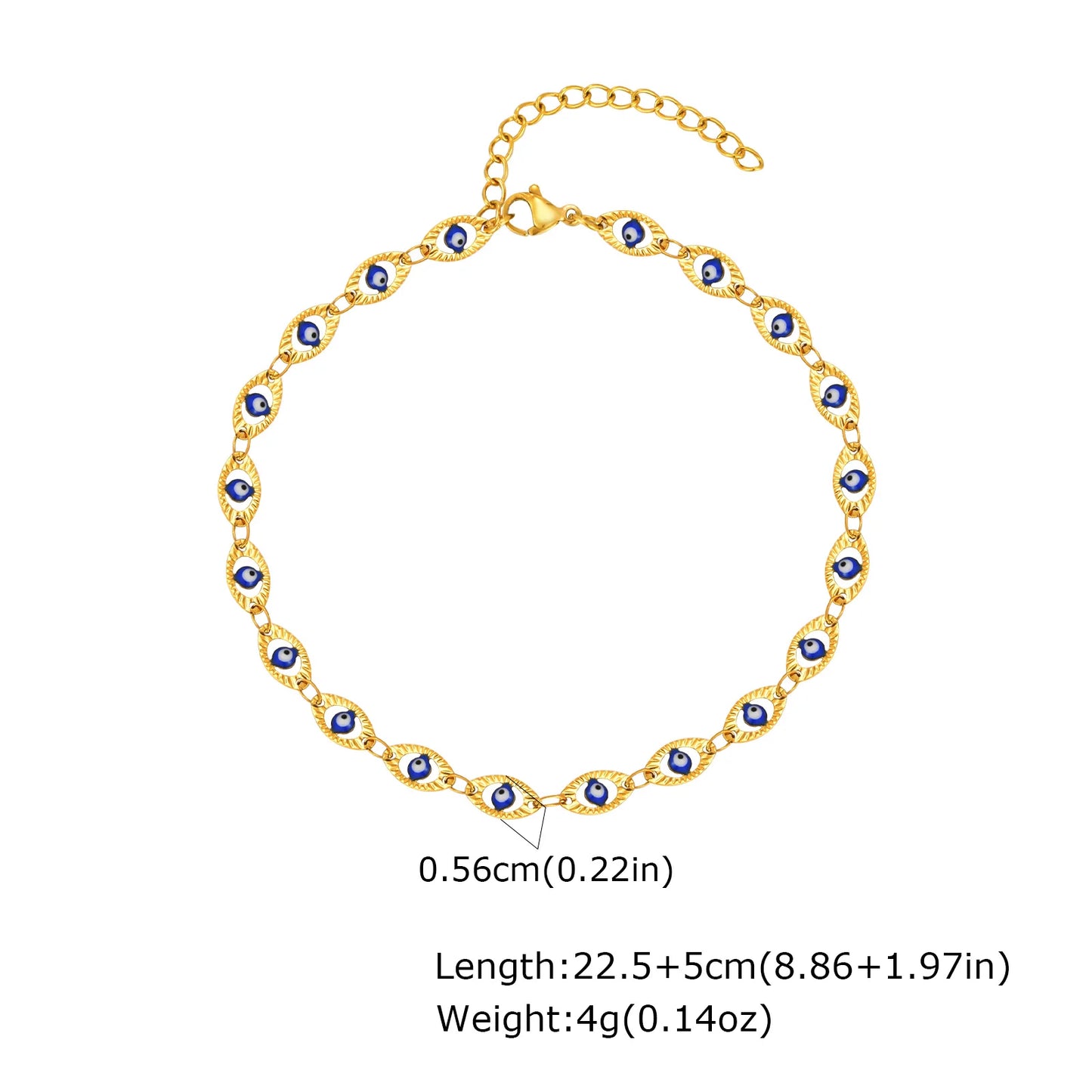 Stainless Steel Evil Eye Anklet, Blue Beads