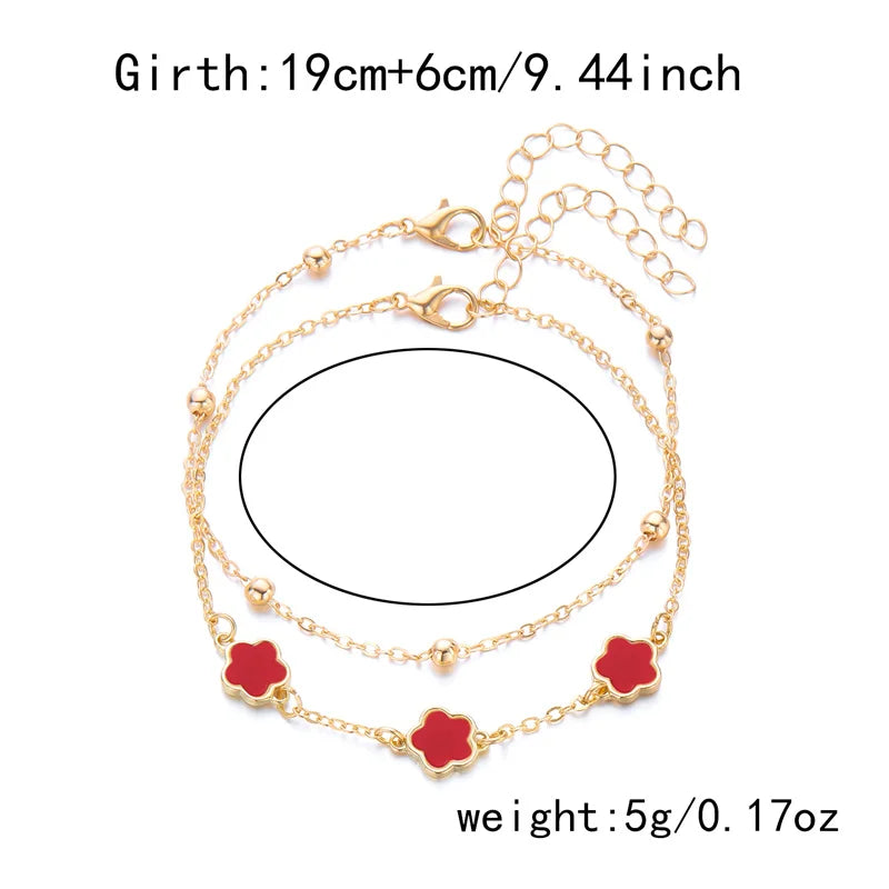 2PCS Lucky 5-Leaf Clover Anklet Set with Flower Charm