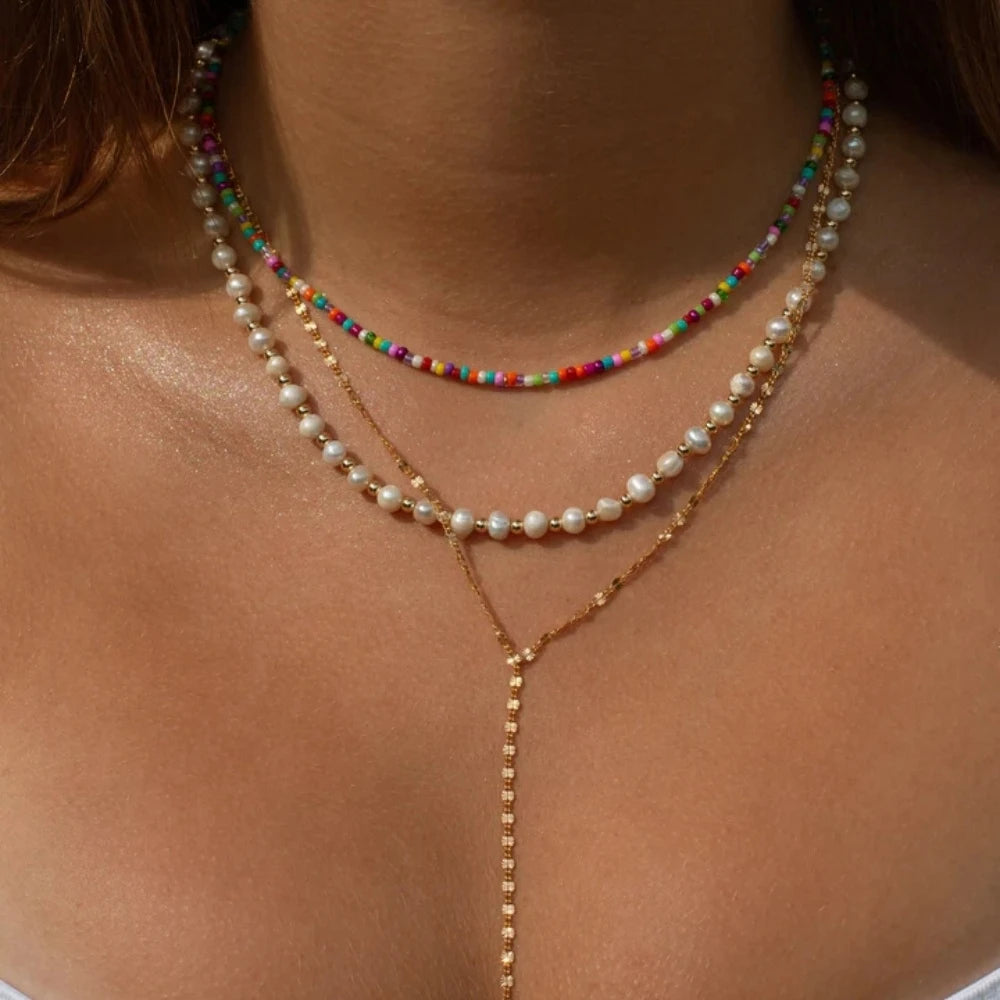 Bohemian Multilayer Mixed Chain Necklace with Crystal Pendant