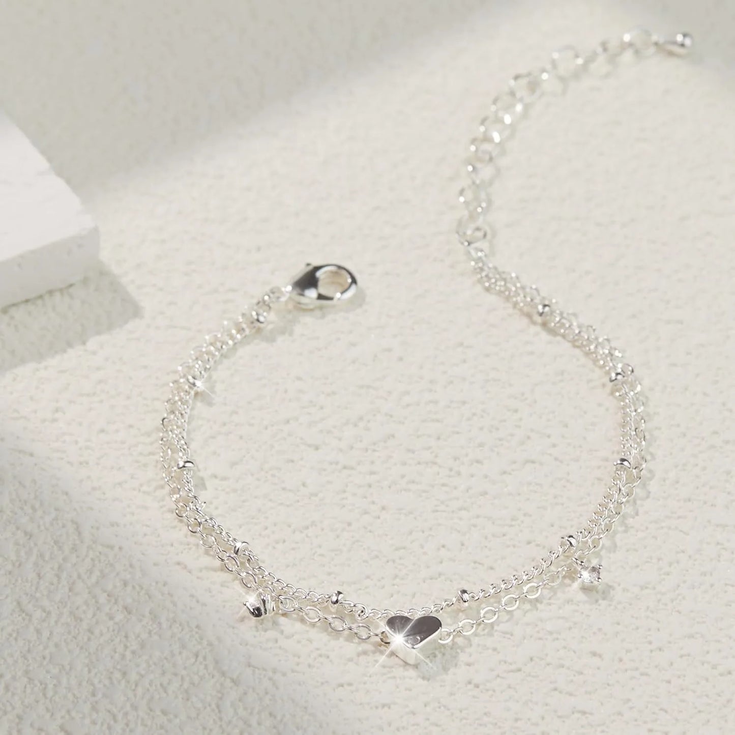 925 Silver CZ Heart Layer Anklet, Waterproof
