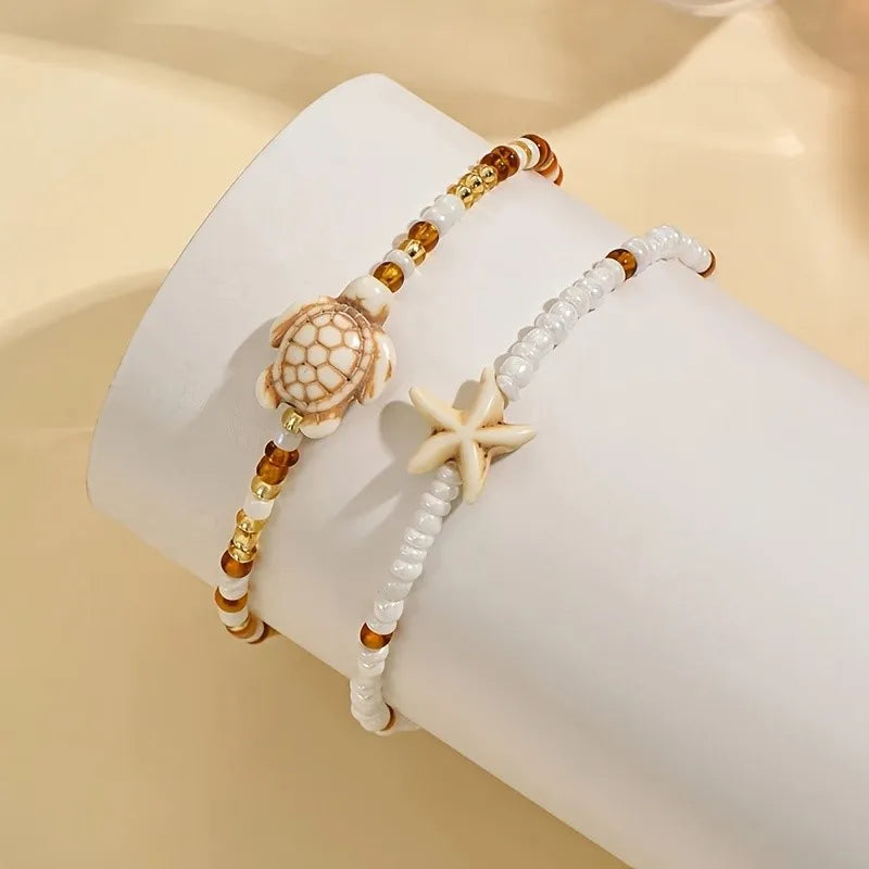 2PCS Brown Starfish & Turtle Anklet, Beach Theme