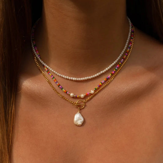 Bohemian Multilayer Mixed Chain Necklace with Crystal Pendant