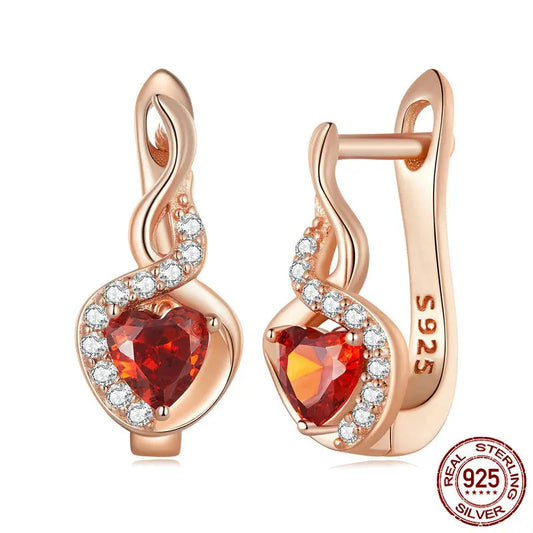 “925 Silver Rose Gold Red Heart Ear Clips”