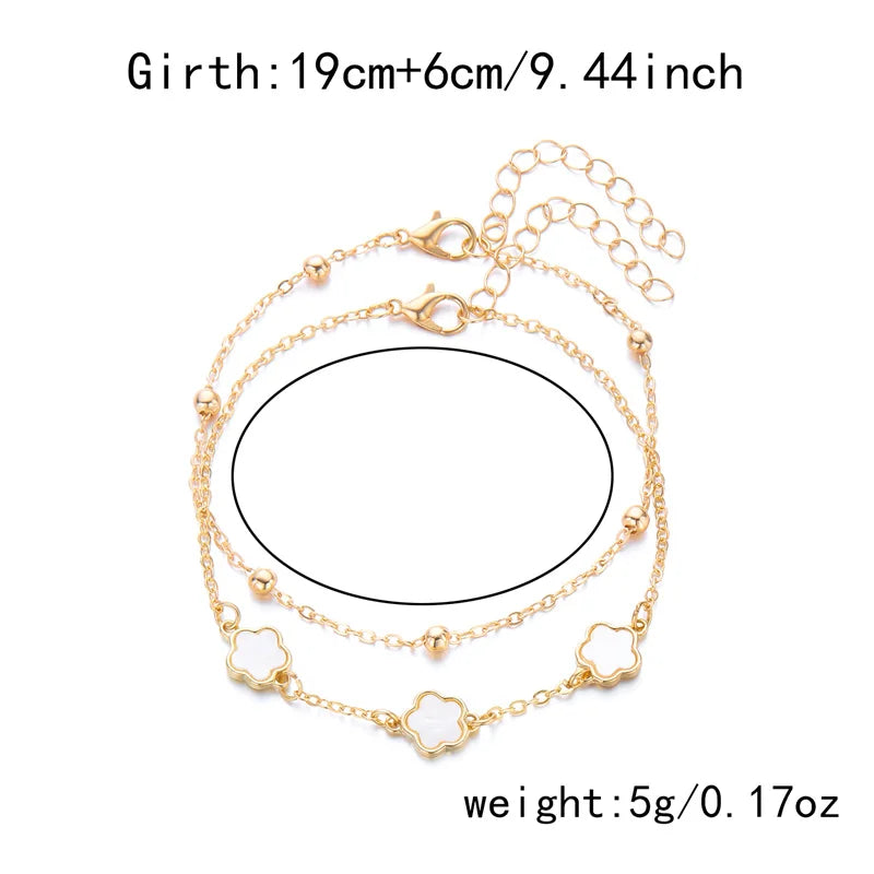 2PCS Lucky 5-Leaf Clover Anklet Set with Flower Charm