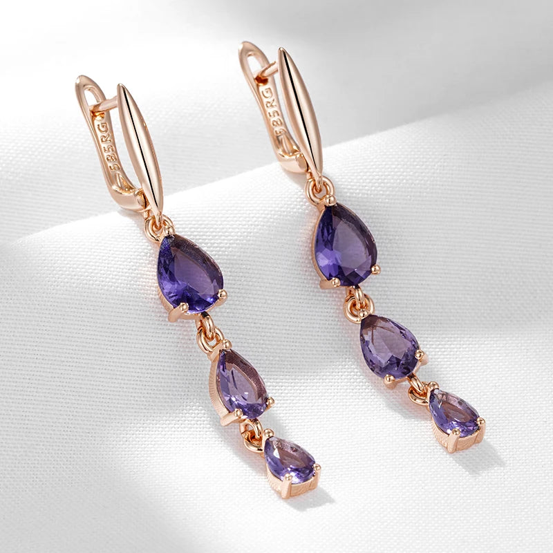 585 Rose Gold Purple Zircon Drop Earrings”