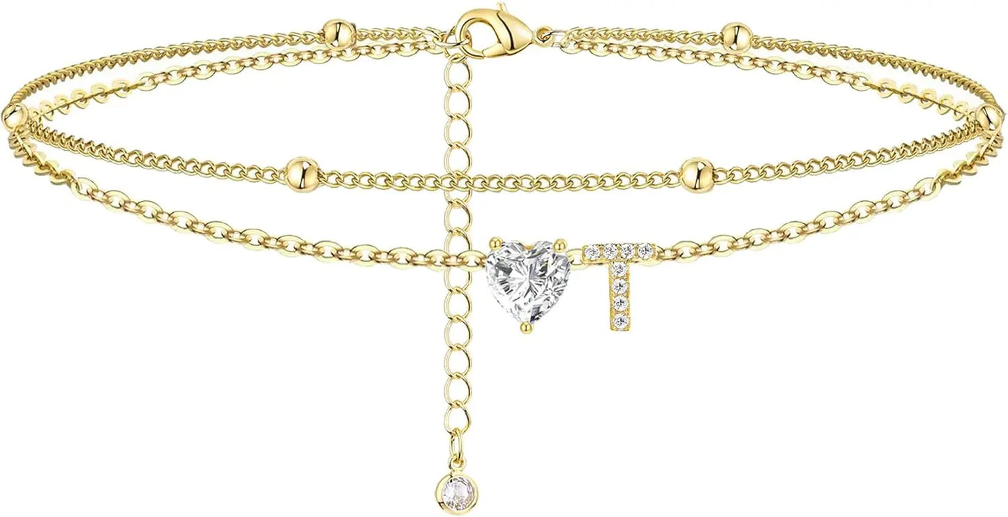 14K Gold Plated CZ Initial Heart Anklet, Waterproof