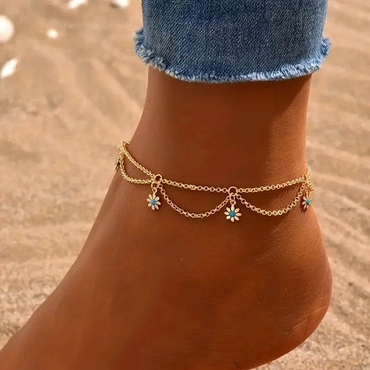 Boho Double Layer Flower Pendant Anklet