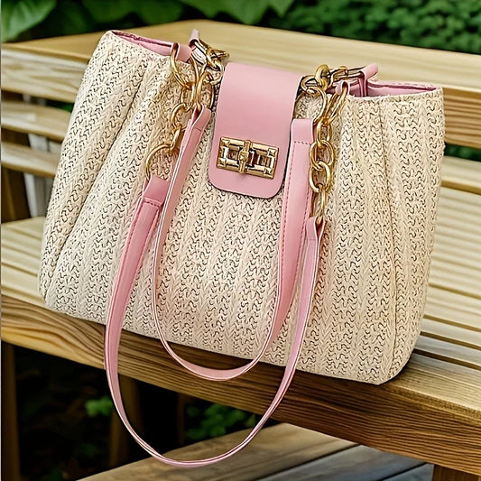 Chic Straw Woven Tote with Chain Leather Strap