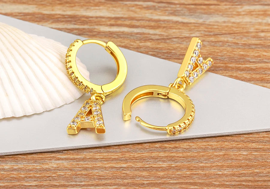 "Gold Zircon Alphabet Hoop Earrings A–Z – Fashion Jewelry Gift