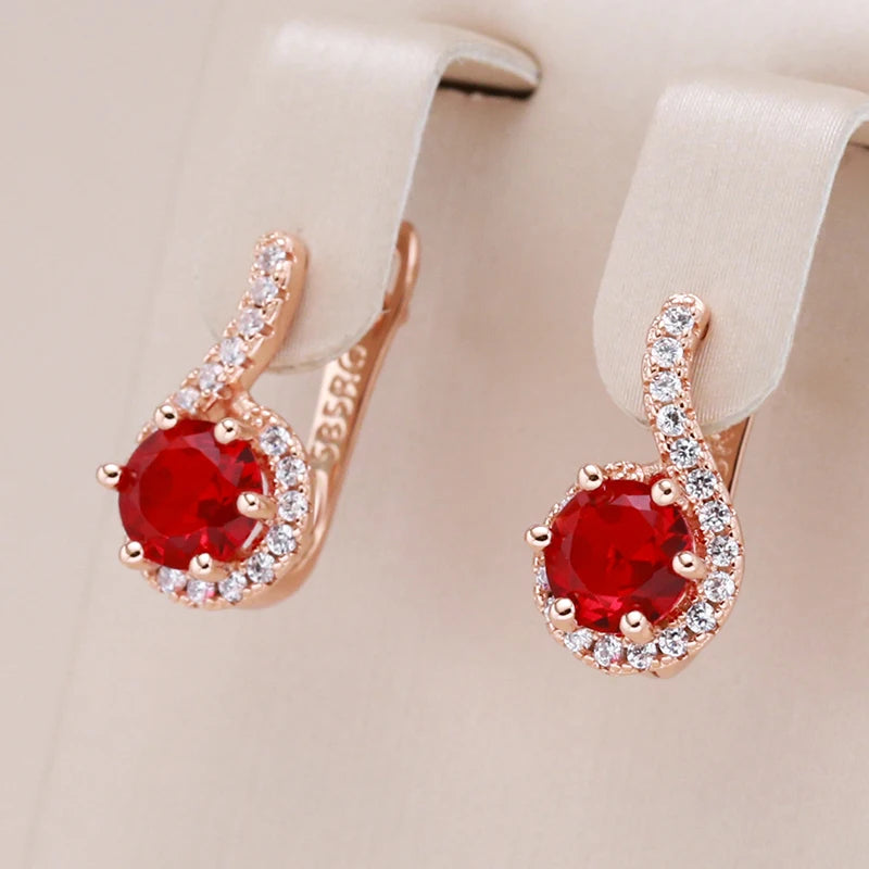 “585 Rose Gold Red Zircon Round Earrings