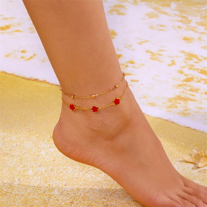 2PCS Lucky 5-Leaf Clover Anklet Set with Flower Charm