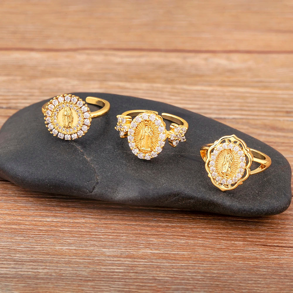 "Retro Virgin Mary Zircon Ring – Adjustable Unisex Jewelry"