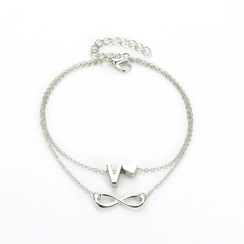 Boho Initial Anklet, Silver Infinity & Heart