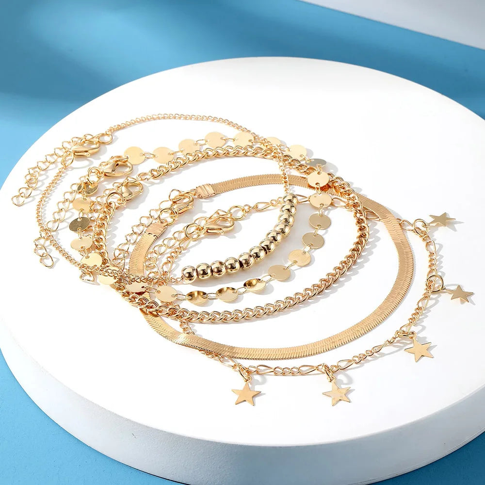 Boho Gold Snake Anklet Set with Charms