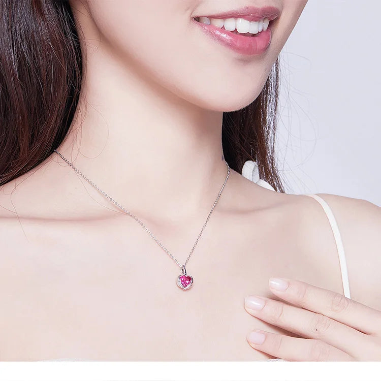 Bamoer Red Heart Wing Pendant Necklace 925 Silver