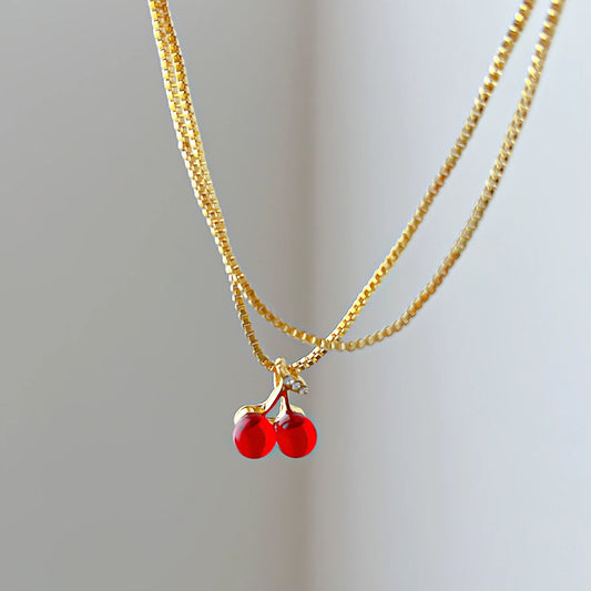 2024 Wine Red Cherry Gold Pendant Necklace