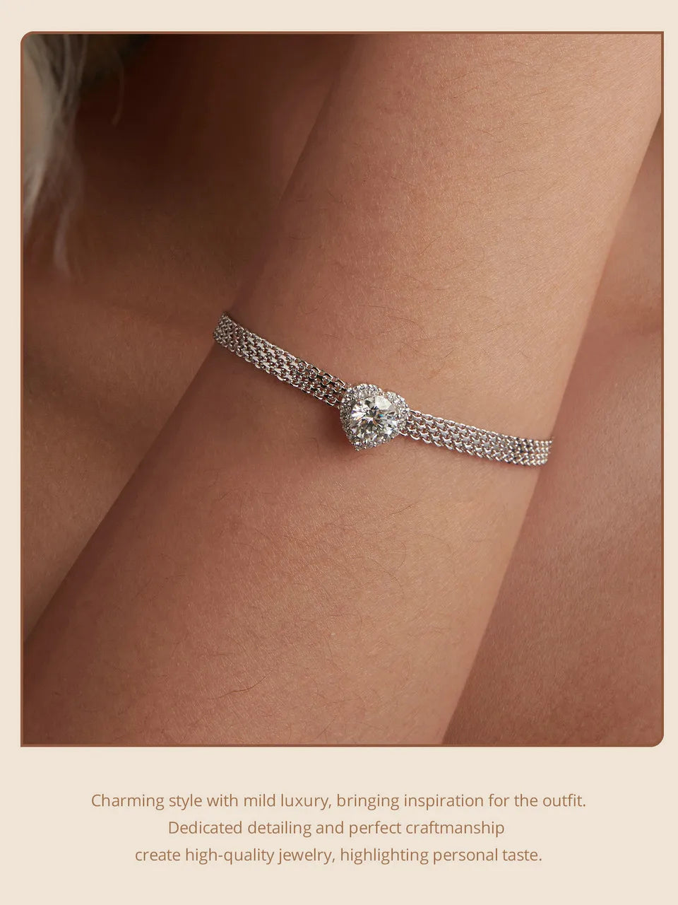 “Sterling Silver Mesh Chain Moissanite Heart Bracelet