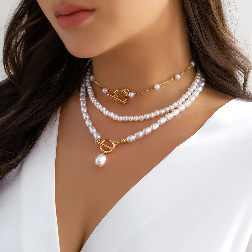 Elegant Pearl Multi-layer Gold Choker Necklace