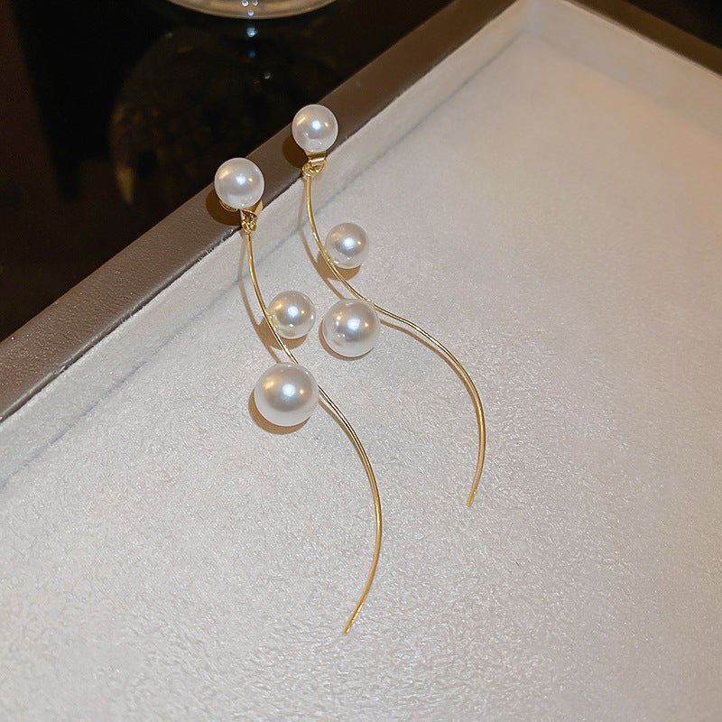 “Long Pearl Rhinestone Drop Earrings”
