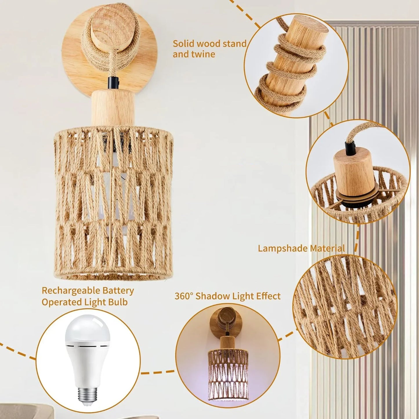 Cylindrical Wall Lamp with Natural Hemp Rope Accent