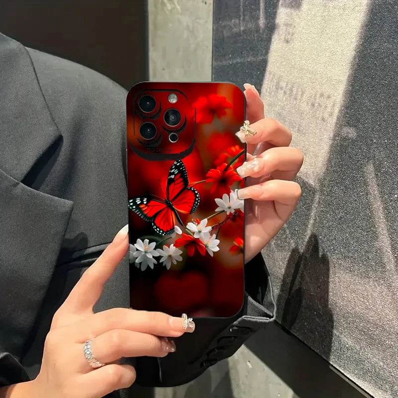 For iPhone 14 13 15 16 Pro Max Case Red Butterfly Flower Phone Case for iPhone 11 12 Mini Pro X XS XR 7 8 14 15 Plus SE2 Cover