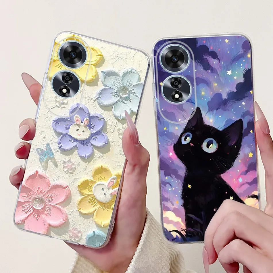 Elegant Floral Cat TPU Cover – OPPO A60
