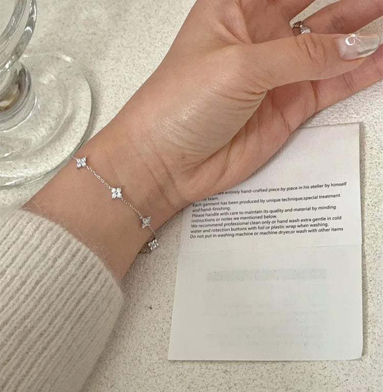 925 Silver CZ Four-Leaf Flower Bracelet