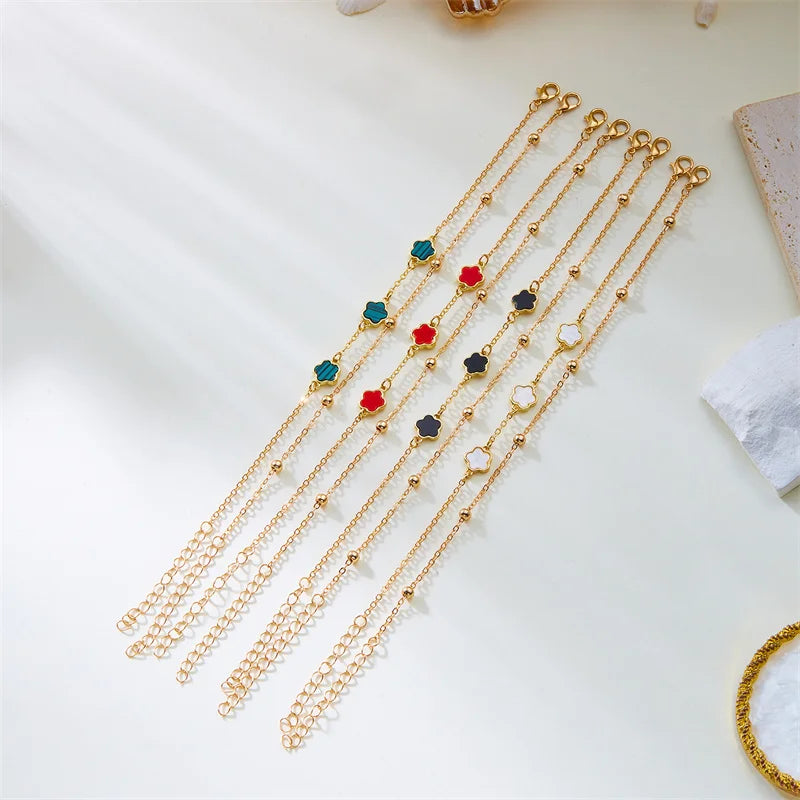 2PCS Lucky 5-Leaf Clover Anklet Set with Flower Charm