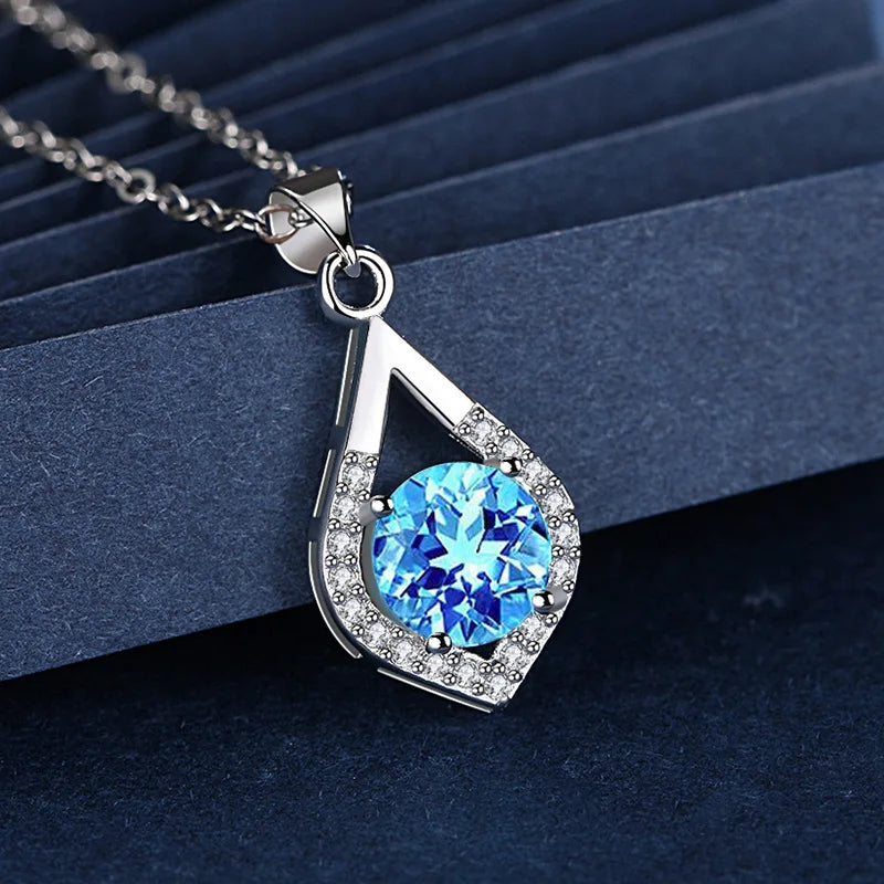 925 Silver Blue Zircon Necklace & Earring Set