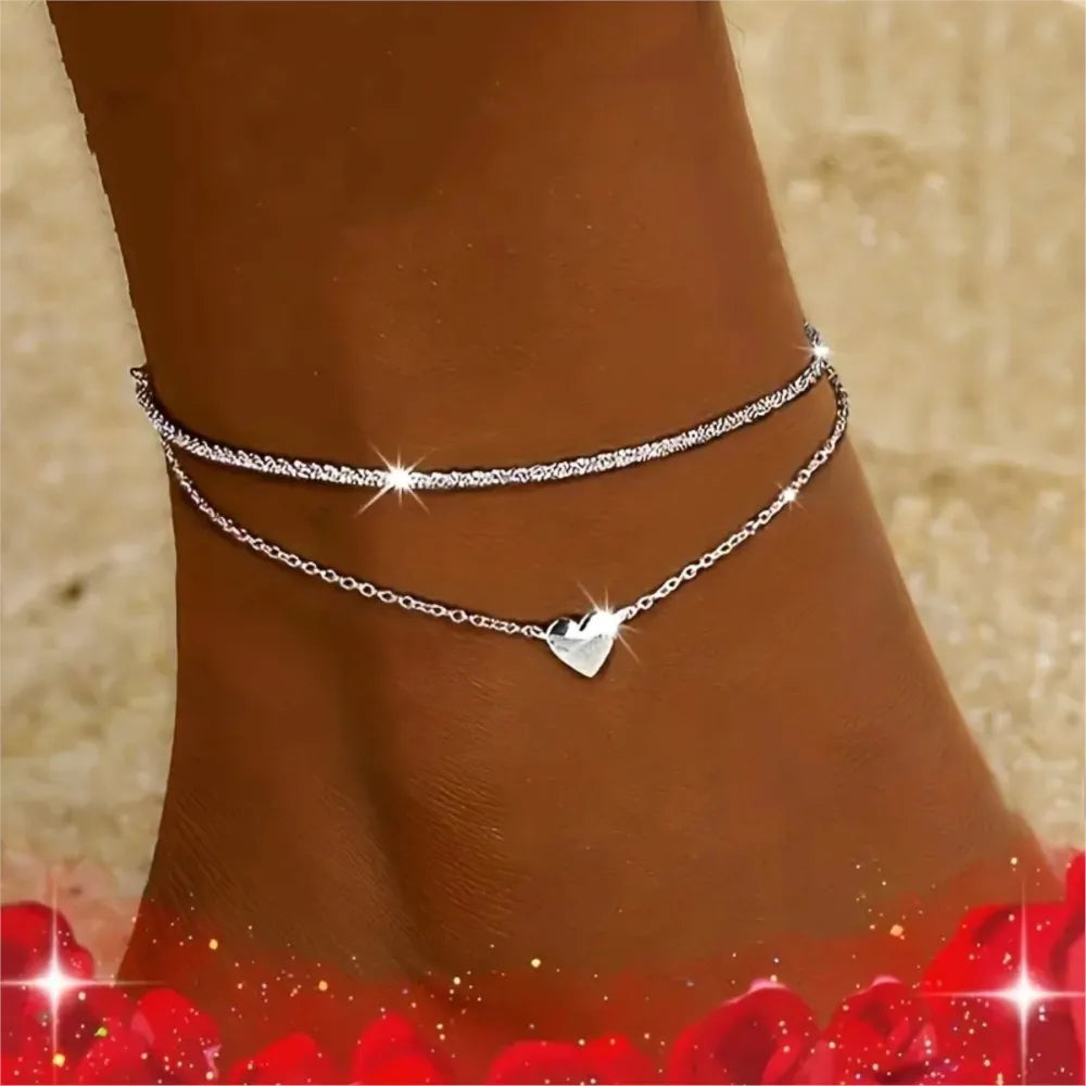 Double Layer Heart Pendant Anklet, Boho Style