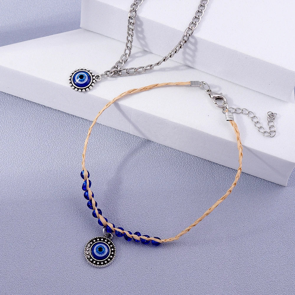 2PCS Boho Blue Evil Eye Anklet Set