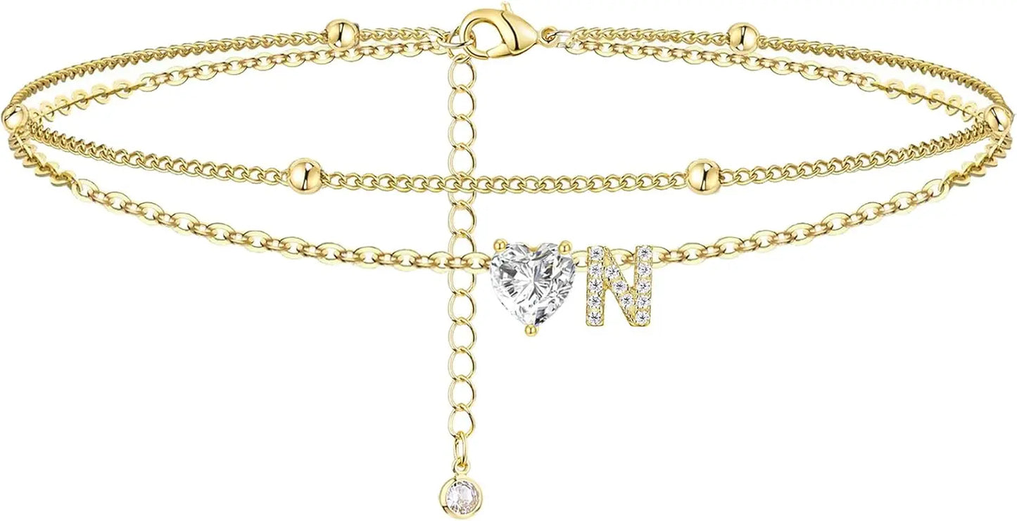 14K Gold Plated CZ Initial Heart Anklet, Waterproof