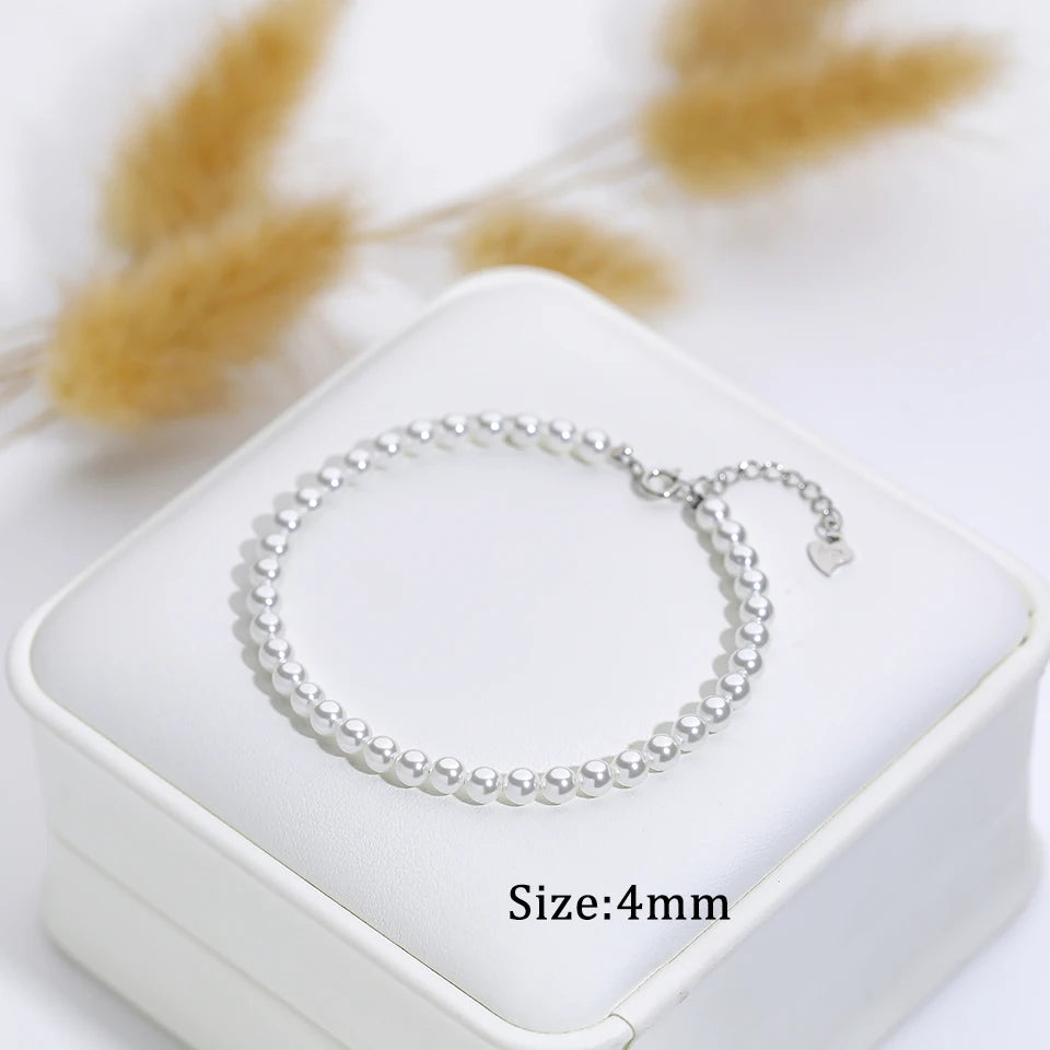 "925 Silver White Pearl Bracelet – 6mm Bead Bangle Gift.