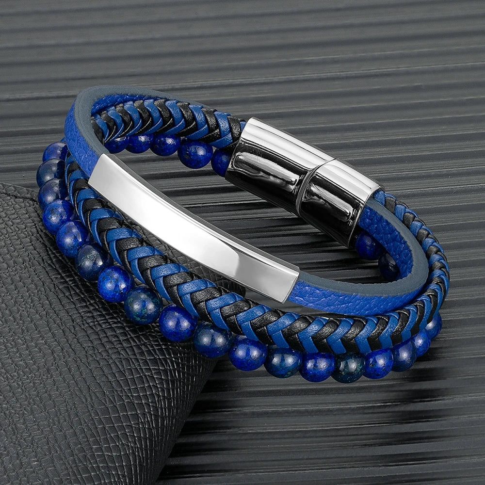 “Blue Leather & Stone Beaded Men’s Bracelet”