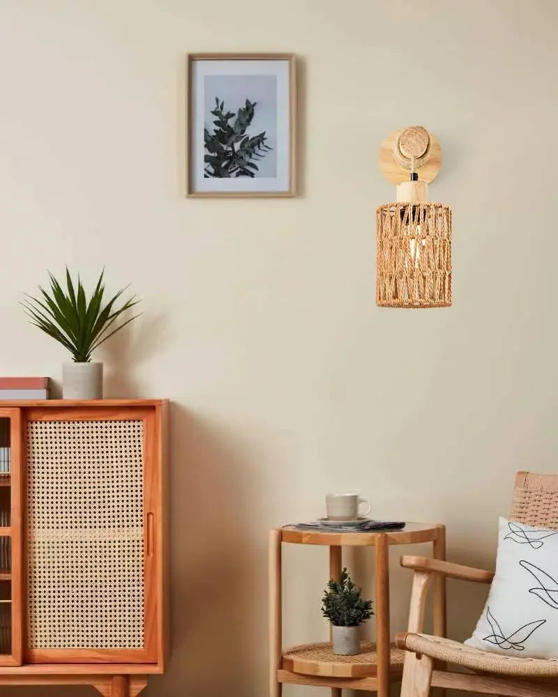 Cylindrical Wall Lamp with Natural Hemp Rope Accent
