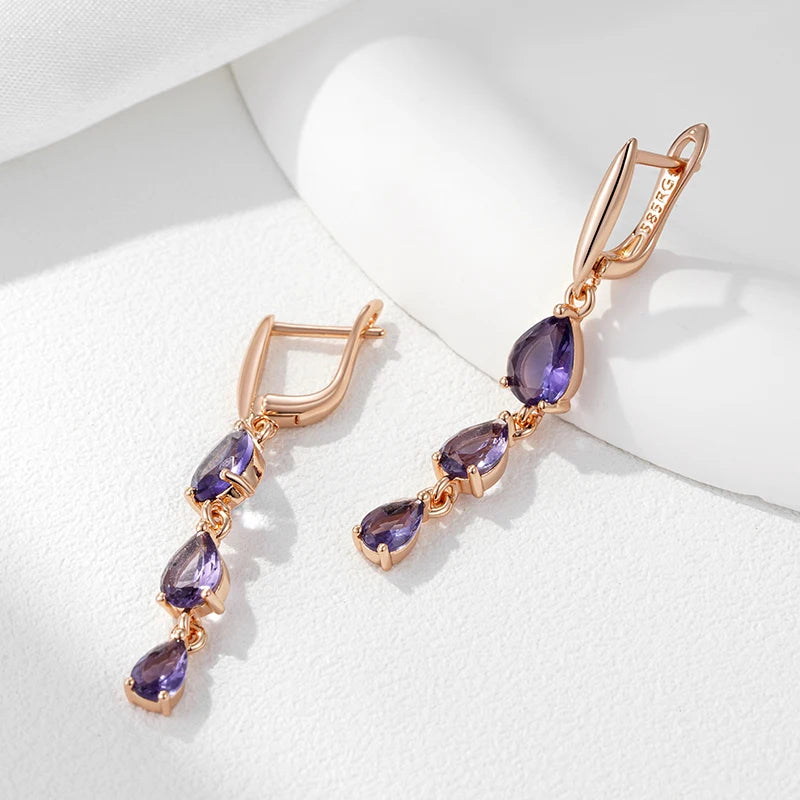 585 Rose Gold Purple Zircon Drop Earrings”