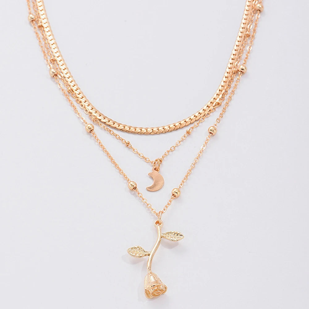 Bohemia Gold Moon & Rose Flower Multilayer Necklace
