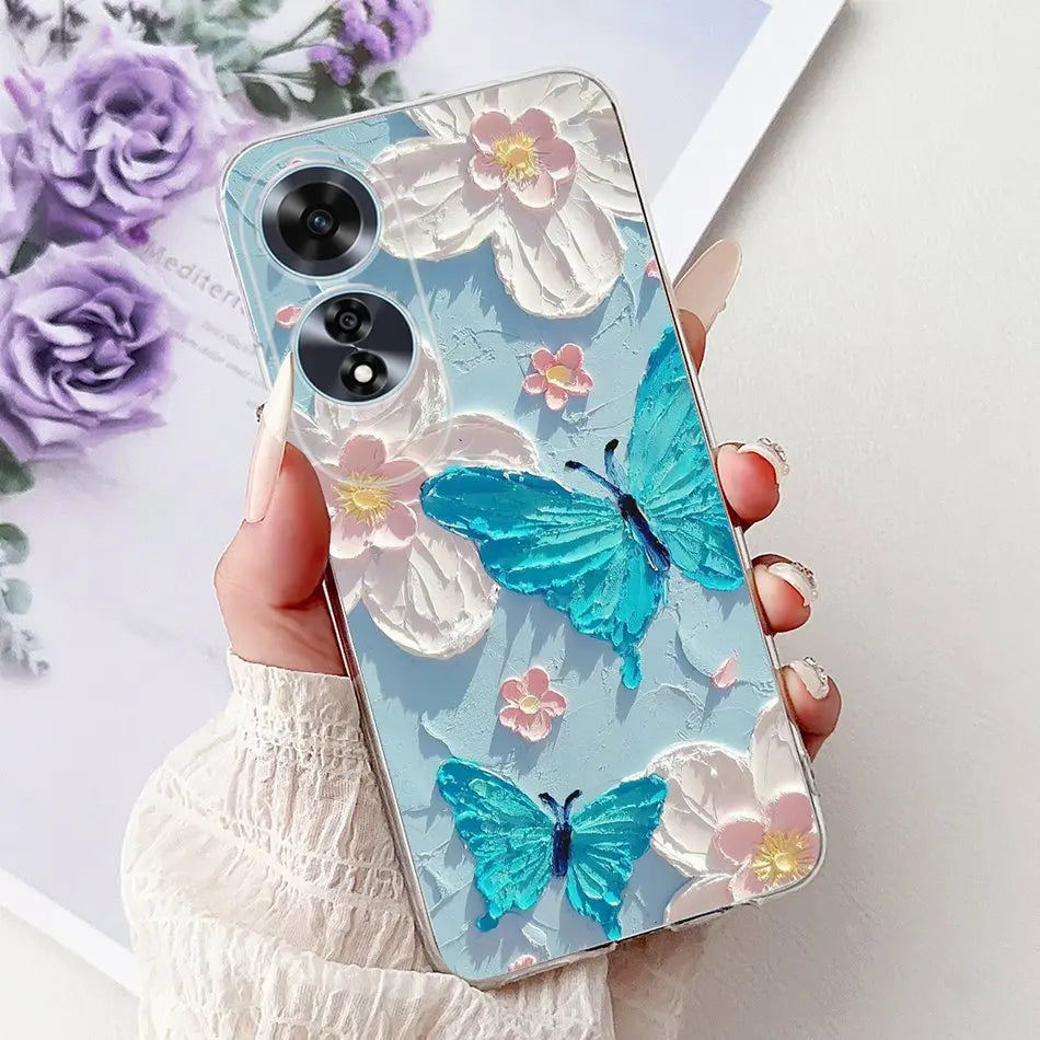 Elegant Floral Cat TPU Cover – OPPO A60