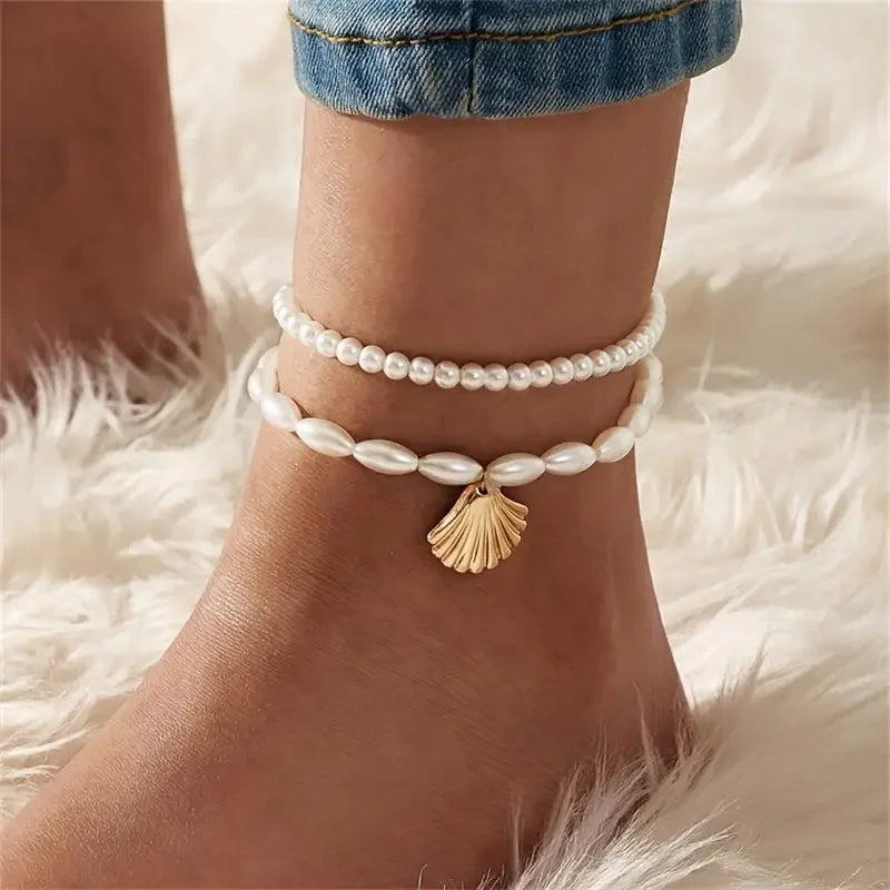 3PCS Retro Pearl & Shell Butterfly Anklet Set