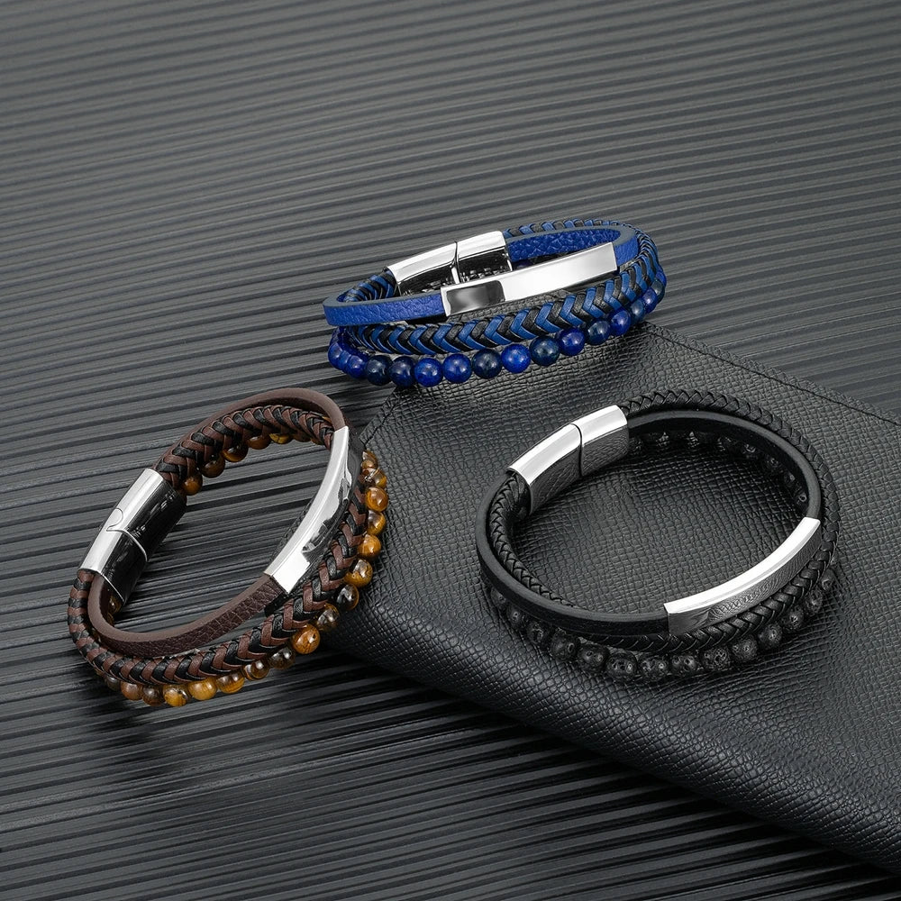 “Blue Leather & Stone Beaded Men’s Bracelet”