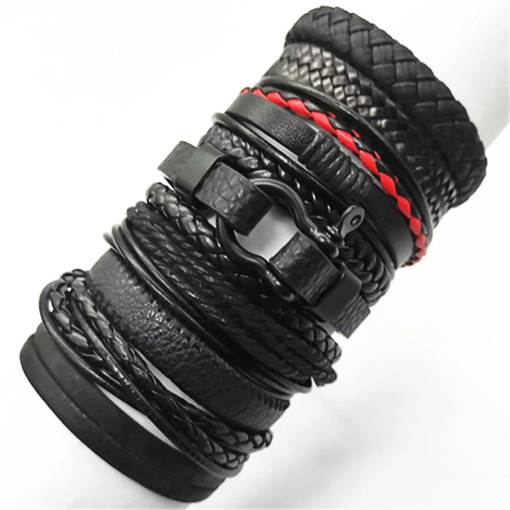 10pcs Black Woven Leather Bracelets Set”