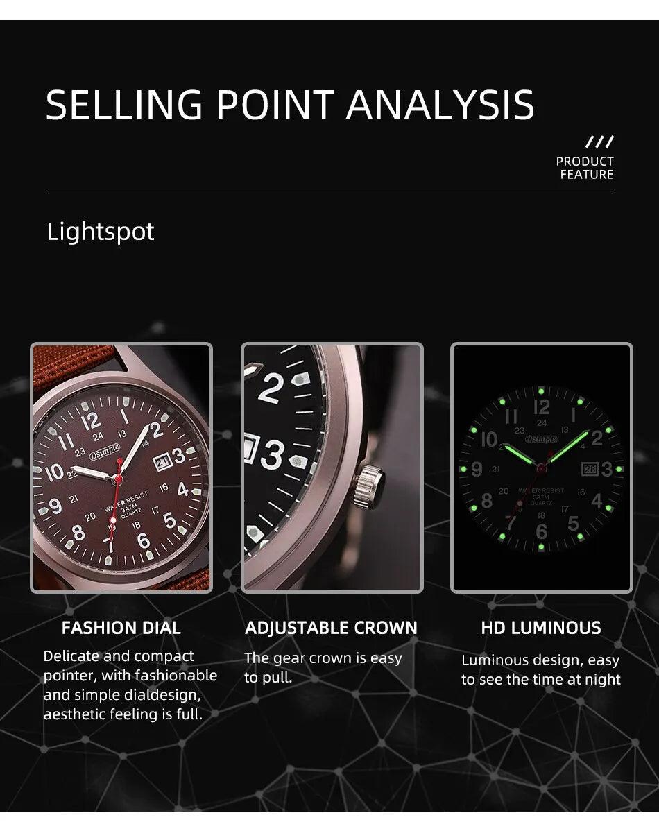 Men's Luxury Military Quartz Watch, Luminous Hands