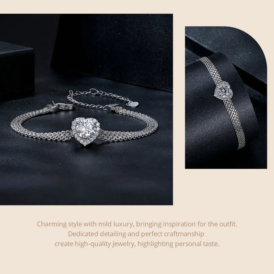 “Sterling Silver Mesh Chain Moissanite Heart Bracelet