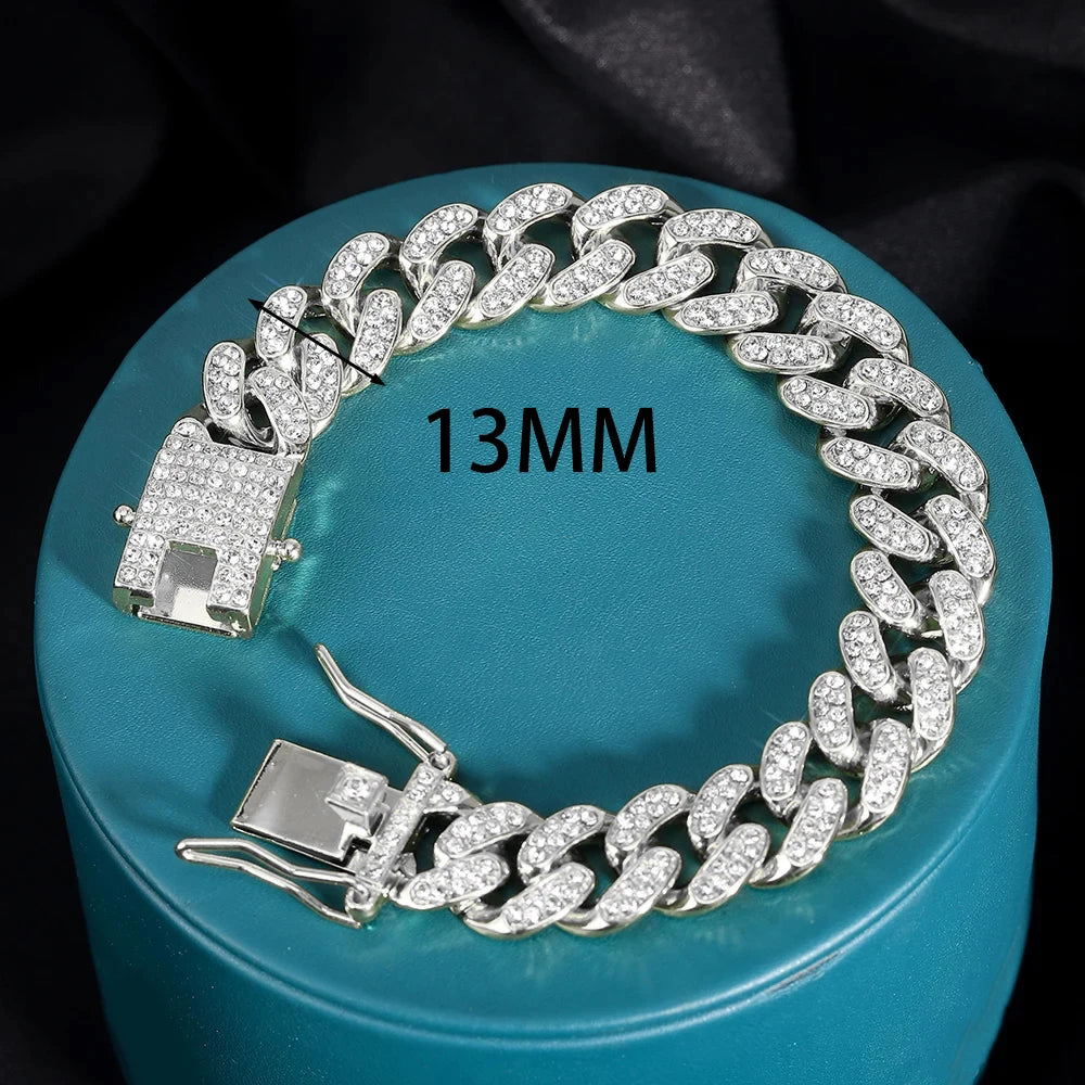 “15mm Silver Cuban Link Rhinestone Bracelet”