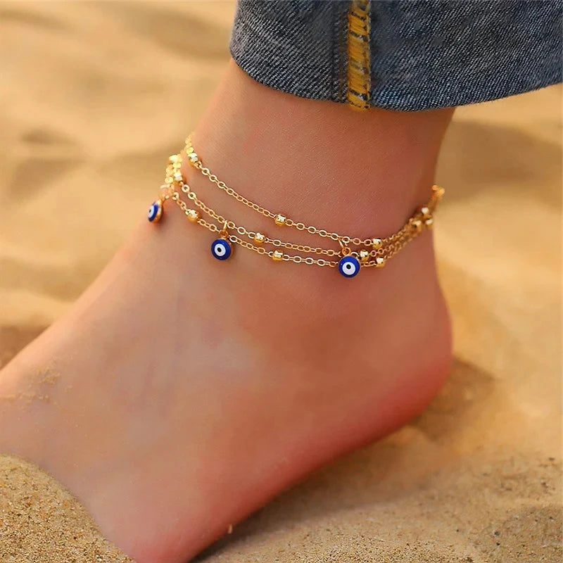 Gold Silver Evil Eye Layered Anklet for Women