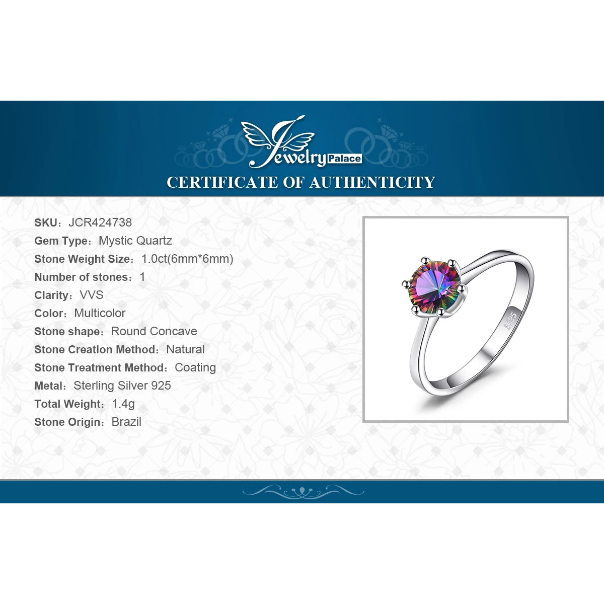 JewelryPalace 925 Silver Rainbow Mystic Quartz Ring